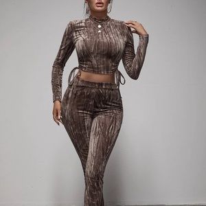 Brown Velvet Matching Set Crop Top and Pants